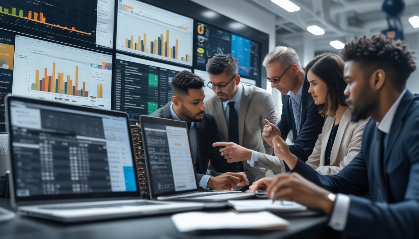 Sekelompok analis olahraga sedang memeriksa statistik pemain NBA di layar digital dalam ruangan kantor modern.