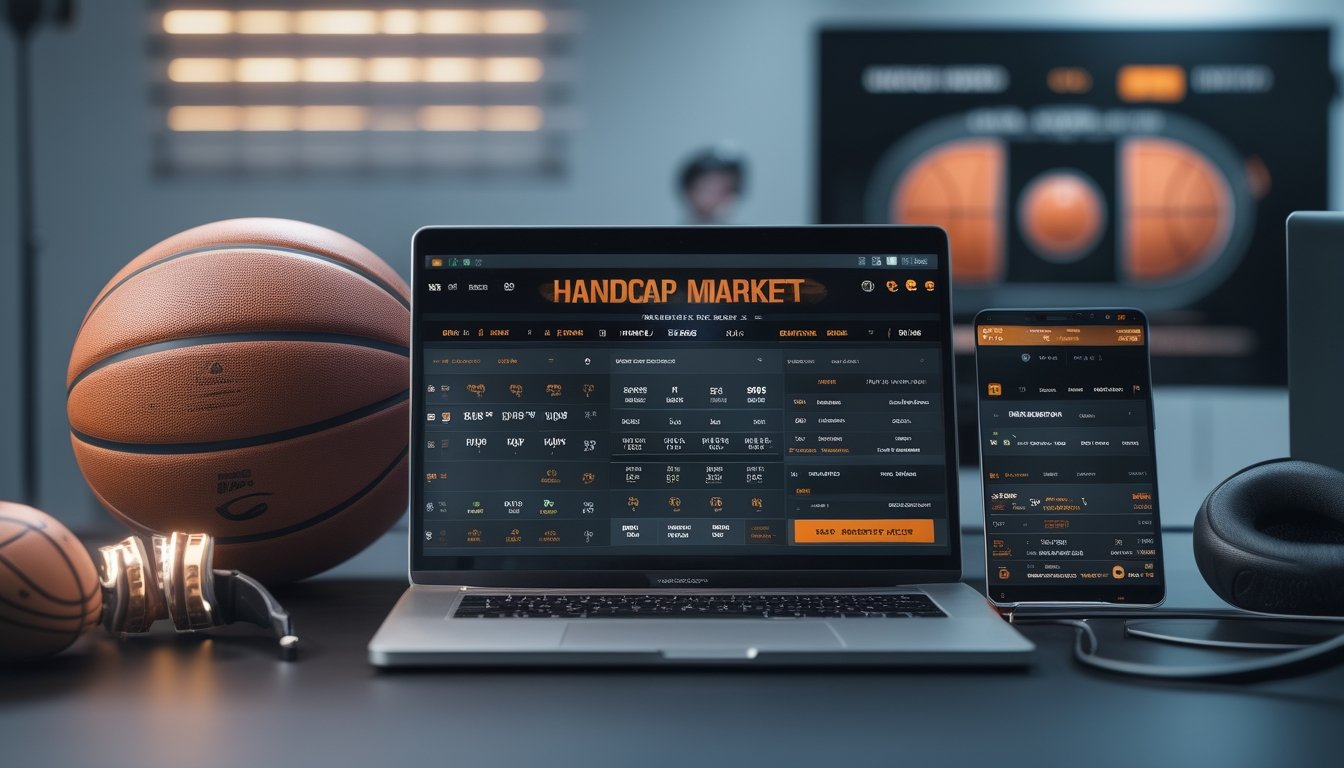 Suasana ruang kerja modern dengan laptop yang menampilkan antarmuka taruhan bola basket online dan bola basket di dekatnya.