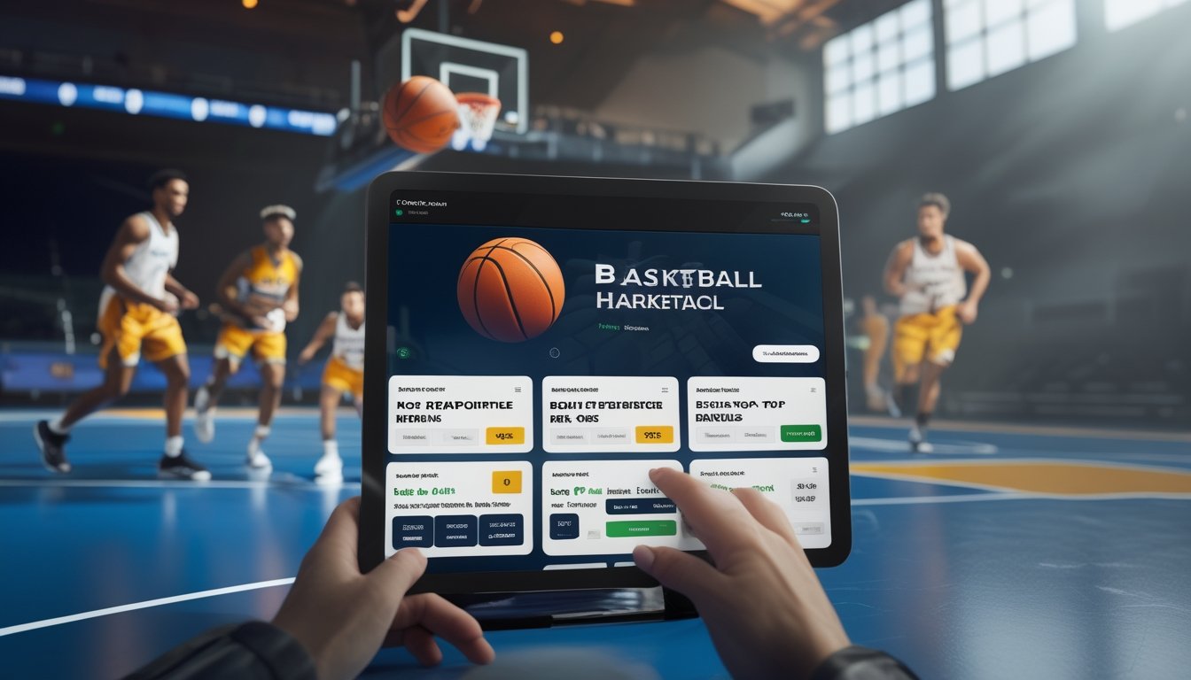 Seseorang menggunakan perangkat digital untuk melihat opsi taruhan handicap pada pertandingan bola basket yang sedang berlangsung di lapangan.