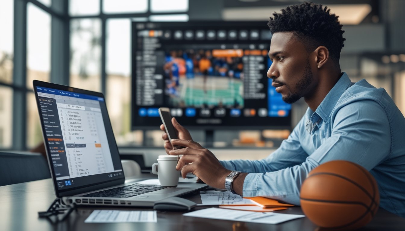 Seorang pria sedang menganalisis statistik pertandingan bola basket dengan laptop dan ponsel di ruang kerja modern.