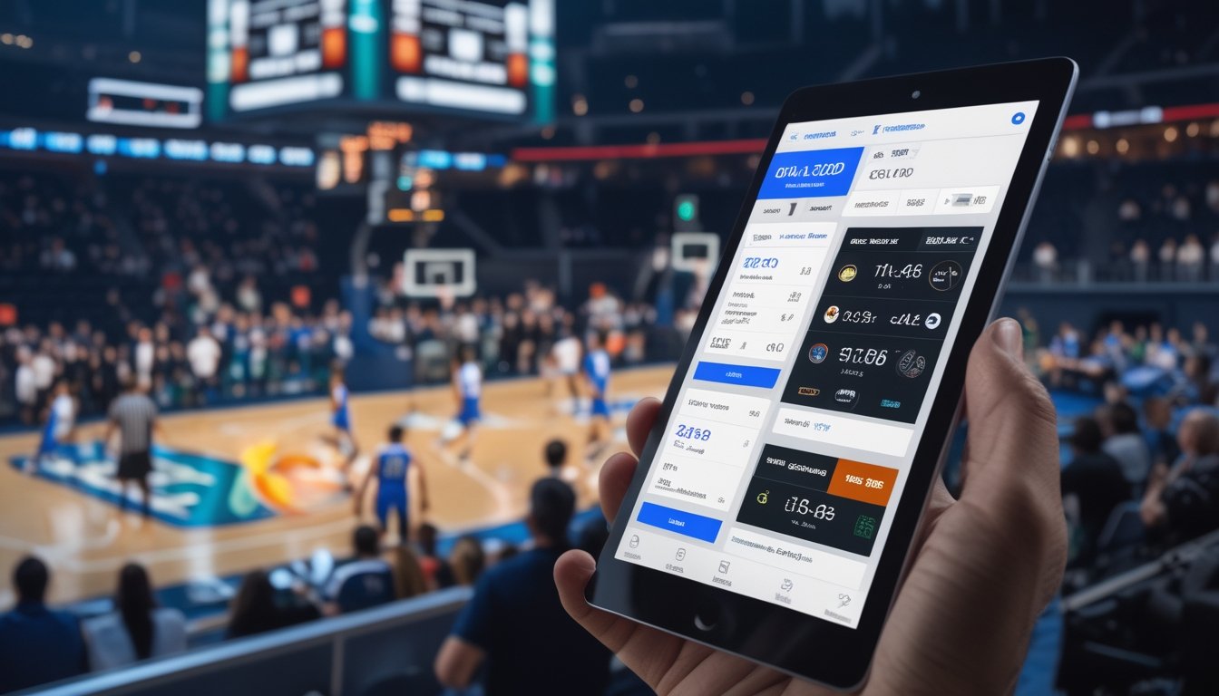 Seorang pria menggunakan tablet untuk memasang taruhan over/under saat pertandingan bola basket berlangsung di lapangan dalam ruangan dengan pemain dan penonton aktif.