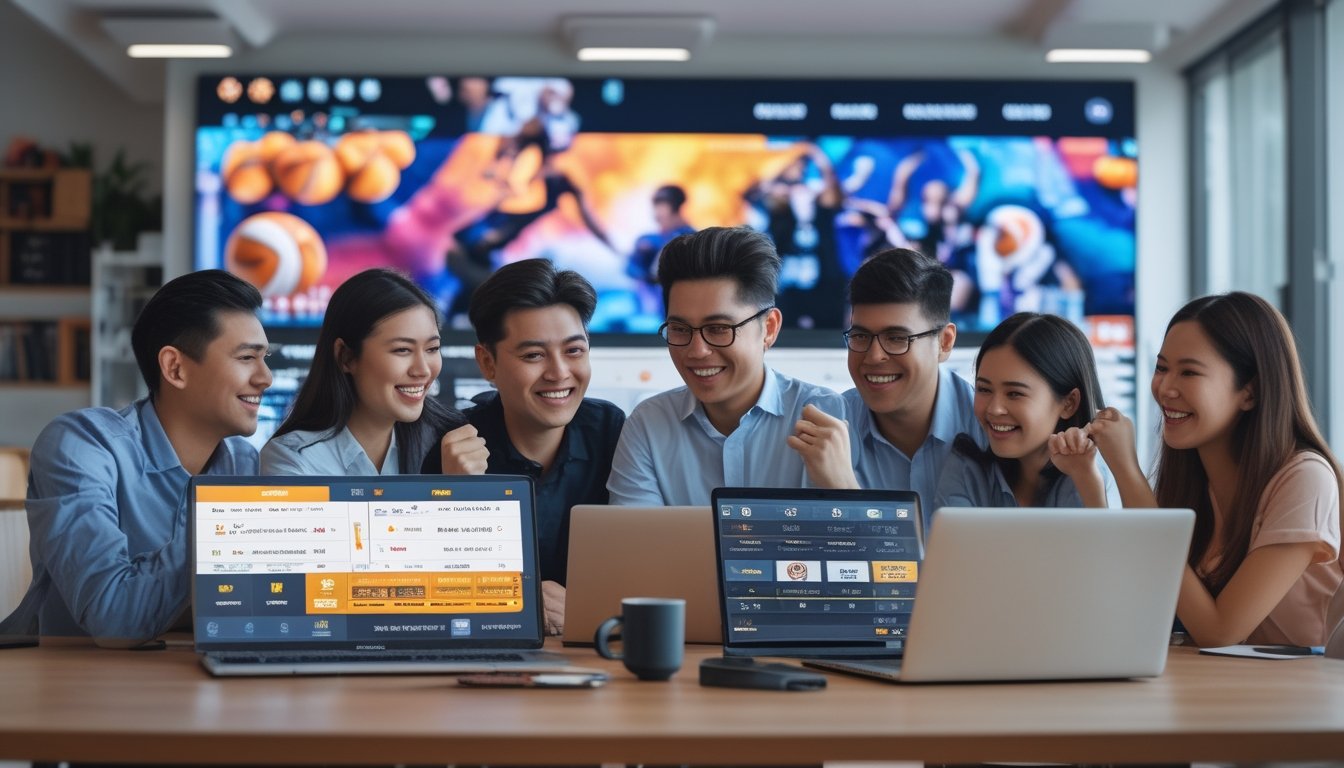Sekelompok orang muda sedang berdiskusi dan merayakan keberhasilan di kantor modern dengan layar besar menampilkan pertandingan bola basket.