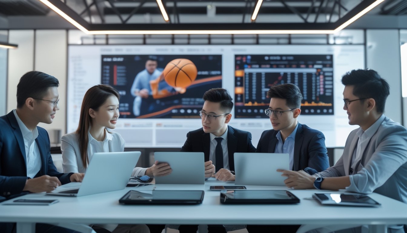 Sekelompok profesional sedang berdiskusi di ruang kantor modern dengan layar besar menampilkan pertandingan bola basket dan data statistik.