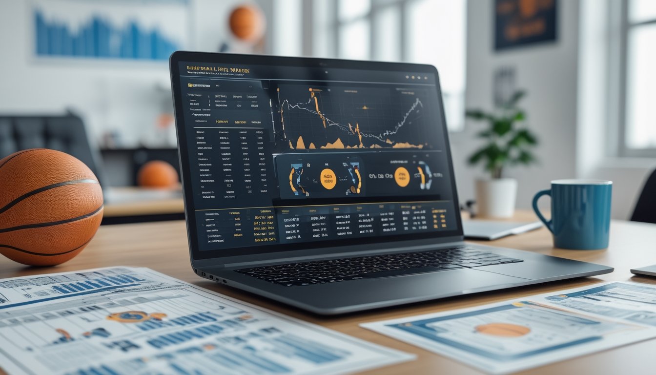Meja kerja dengan laptop menampilkan grafik statistik dan bola basket di sampingnya, suasana kantor modern yang terang.