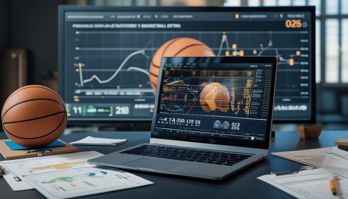 Meja kerja dengan laptop menampilkan grafik statistik dan bola basket di sampingnya, layar besar menunjukkan cuplikan pertandingan basket dan data peluang menang.