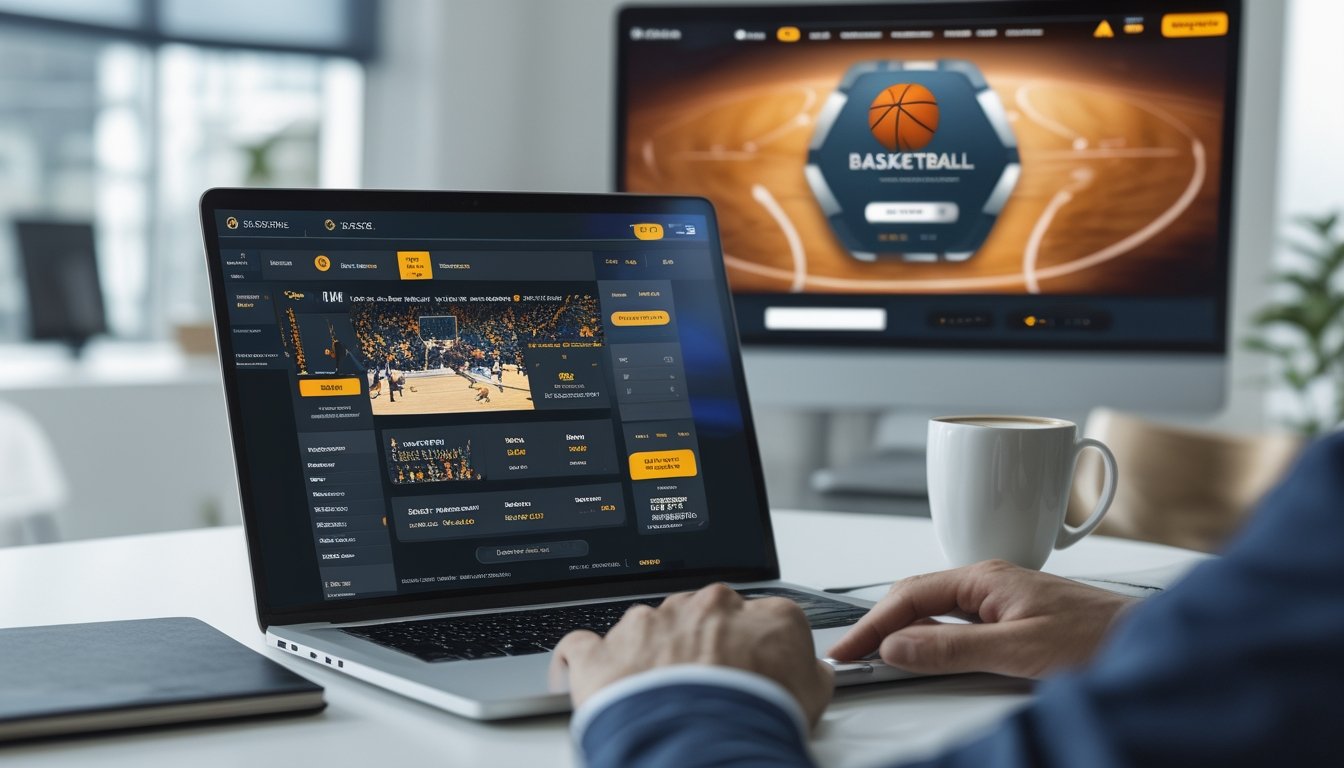 Seseorang menggunakan laptop di meja kerja dengan layar menampilkan situs taruhan bola basket, latar belakang menampilkan pertandingan bola basket di layar besar.