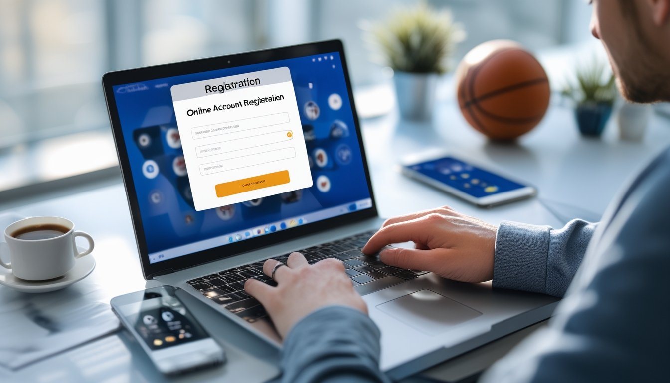 Meja kerja dengan laptop dan ponsel menampilkan layar pendaftaran dan login akun, dengan tangan mengetik di keyboard dan bola basket di latar belakang.