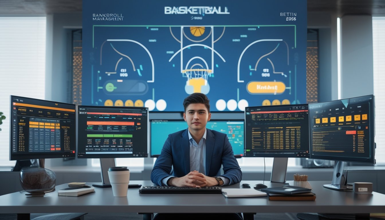 Seorang pria muda duduk di meja kerja dengan beberapa monitor komputer yang menampilkan statistik bola basket dan grafik keuangan, menunjukkan suasana perencanaan strategi taruhan bola basket.