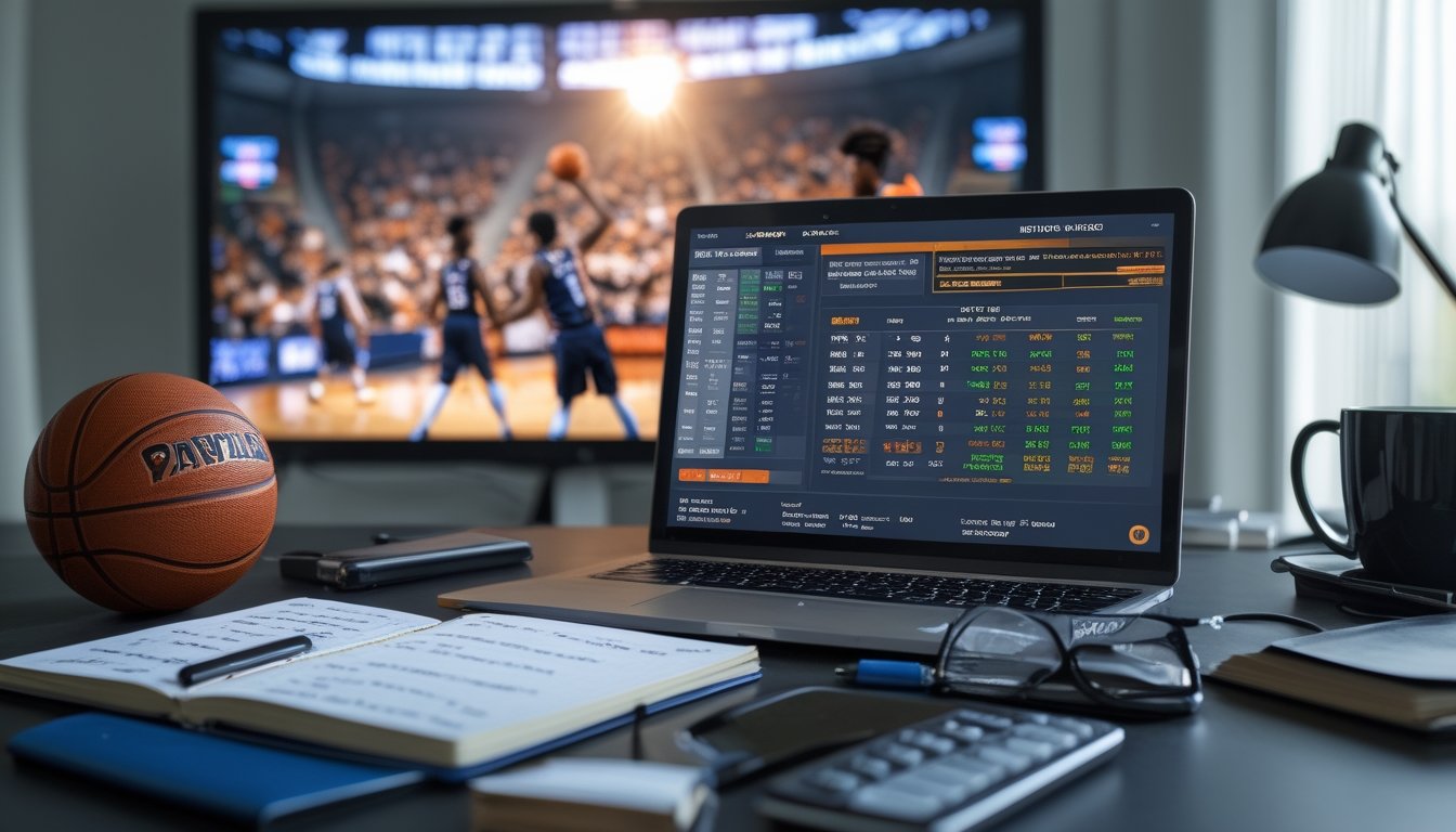 Meja kerja dengan laptop menampilkan statistik bola basket, buku catatan dengan perhitungan, kalkulator, dan bola basket kecil, latar belakang layar besar menampilkan pertandingan bola basket.