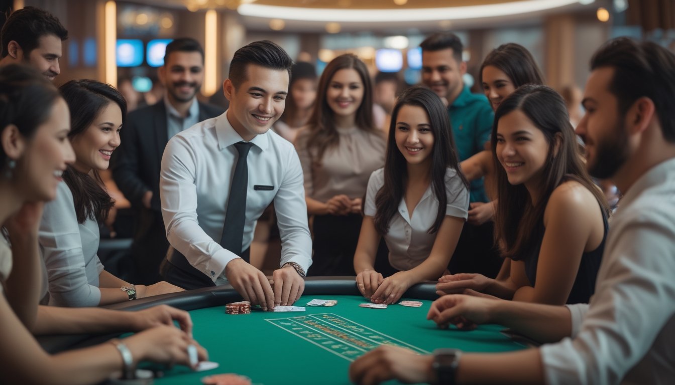 Seorang dealer di meja permainan Ceme dengan beberapa pemain yang fokus dan antusias di sekitarnya dalam suasana kasino.