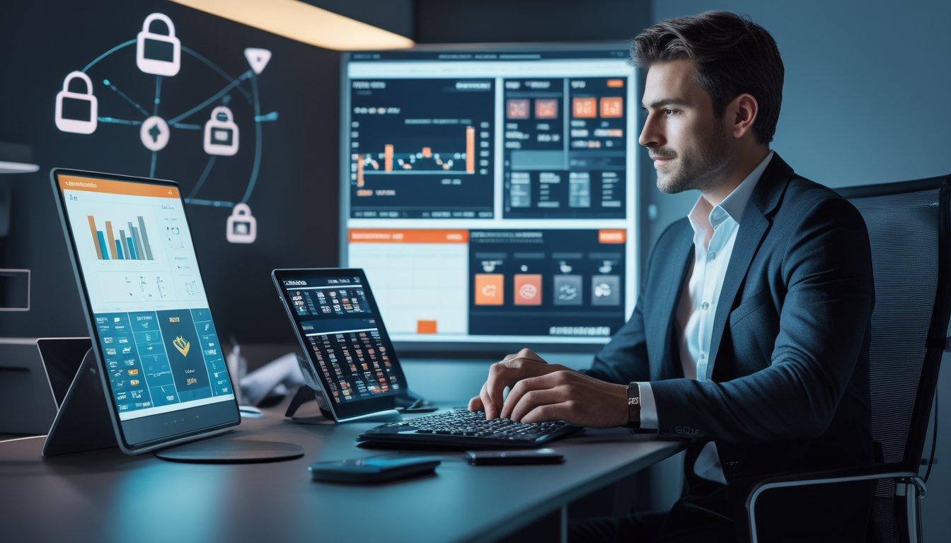 Seorang pria berpakaian rapi duduk di meja modern dengan beberapa perangkat digital, fokus menganalisis data dan kartu digital dalam suasana kantor yang profesional.