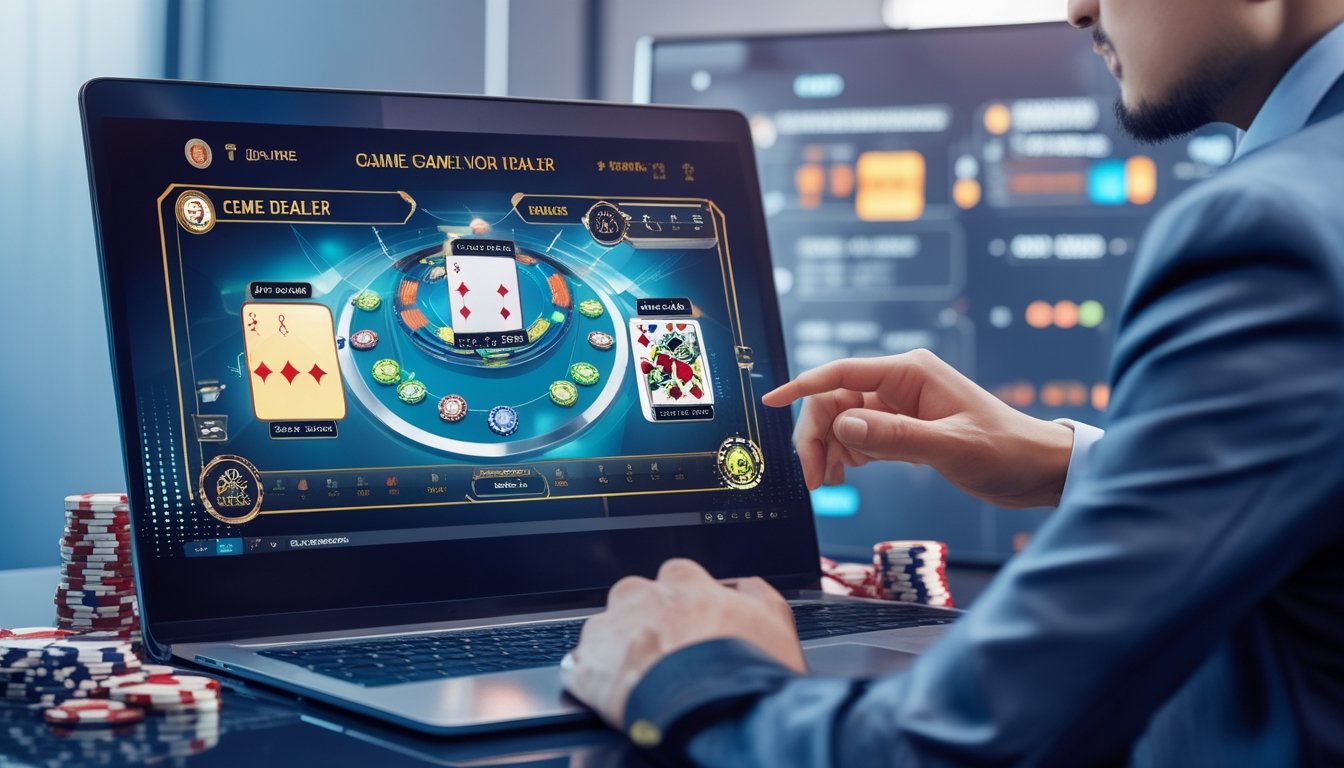 Seorang profesional sedang menggunakan komputer dengan permainan Ceme Dealer online yang terlihat di layar, di lingkungan gaming modern.