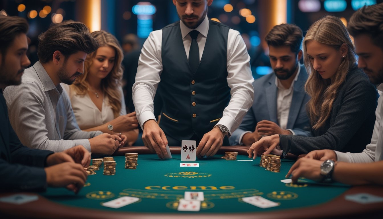 Seorang dealer dan beberapa pemain sedang fokus bermain kartu Ceme di meja kasino.
