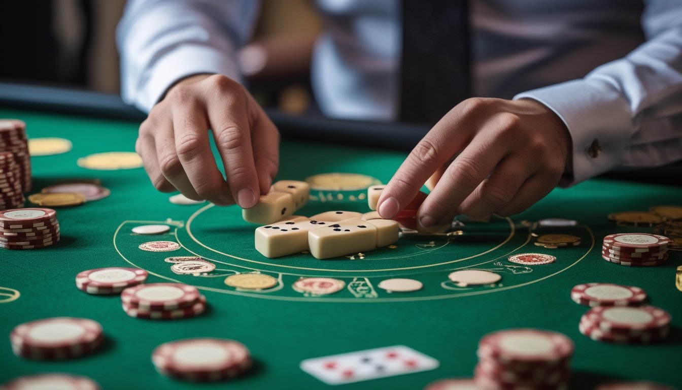 Tangan dealer sedang mengatur ubin domino di atas meja hijau di kasino.