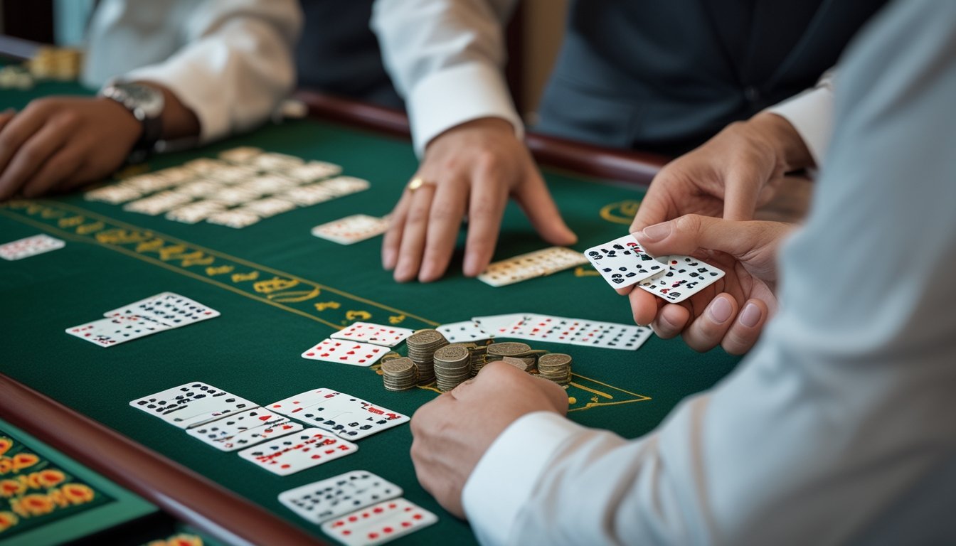 Tangan pemain dan dealer sedang bermain permainan kartu Ceme di meja hijau dengan kartu domino dan chip taruhan.