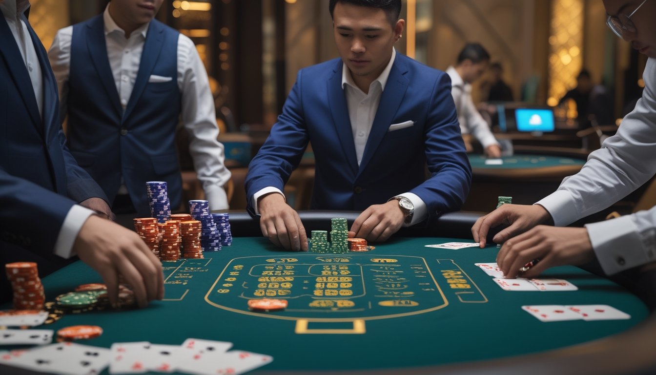 Seorang bandar Ceme yang percaya diri sedang mengatur taruhan di meja kasino modern dengan tumpukan chip dan kartu bermain.