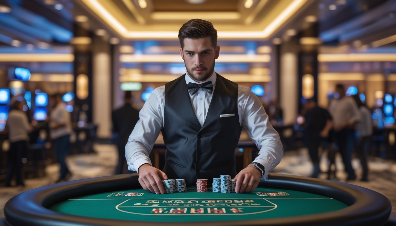 Seorang dealer pria berdiri di meja permainan Ceme di kasino dengan kartu dan chip tertata rapi, suasana profesional dan fokus.