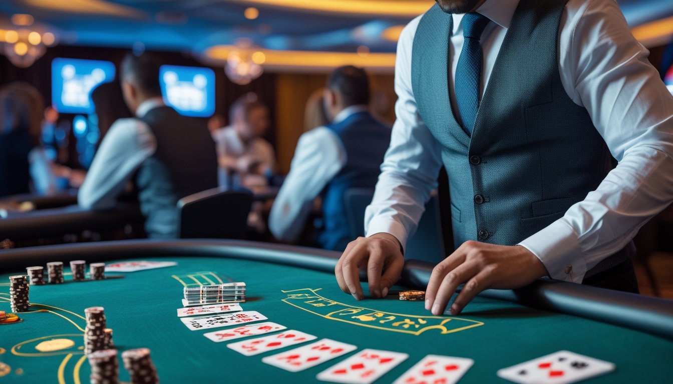 Seorang dealer profesional sedang mengelola meja permainan Ceme di kasino dengan kartu dan chip di meja.