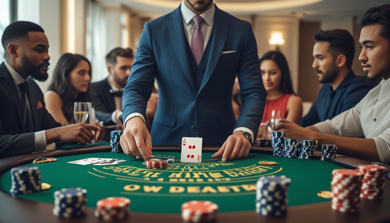 Seorang dealer kartu profesional membagikan kartu di meja hijau dengan pemain yang fokus dan suasana kasino yang elegan.