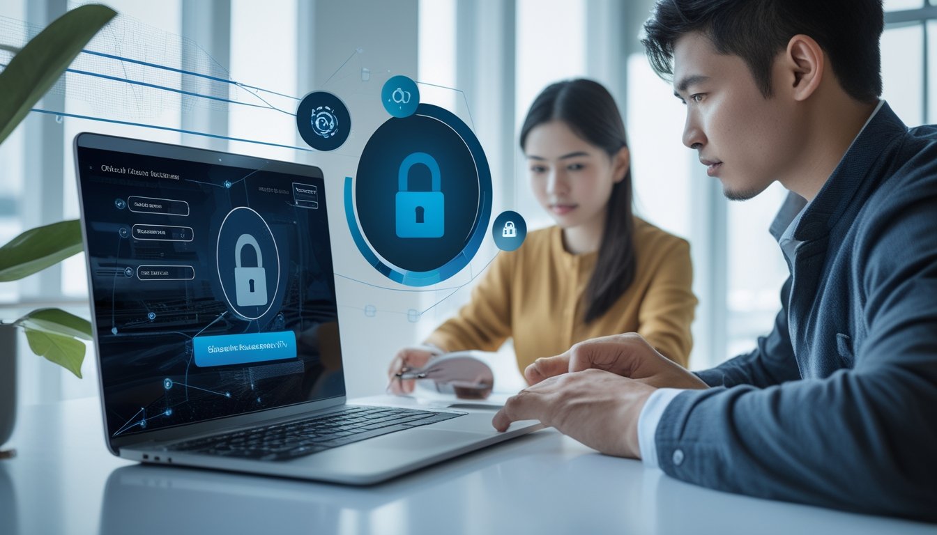 Dua orang dewasa muda menggunakan laptop dan ponsel untuk masuk ke akun online di ruang kantor yang terang dan modern.