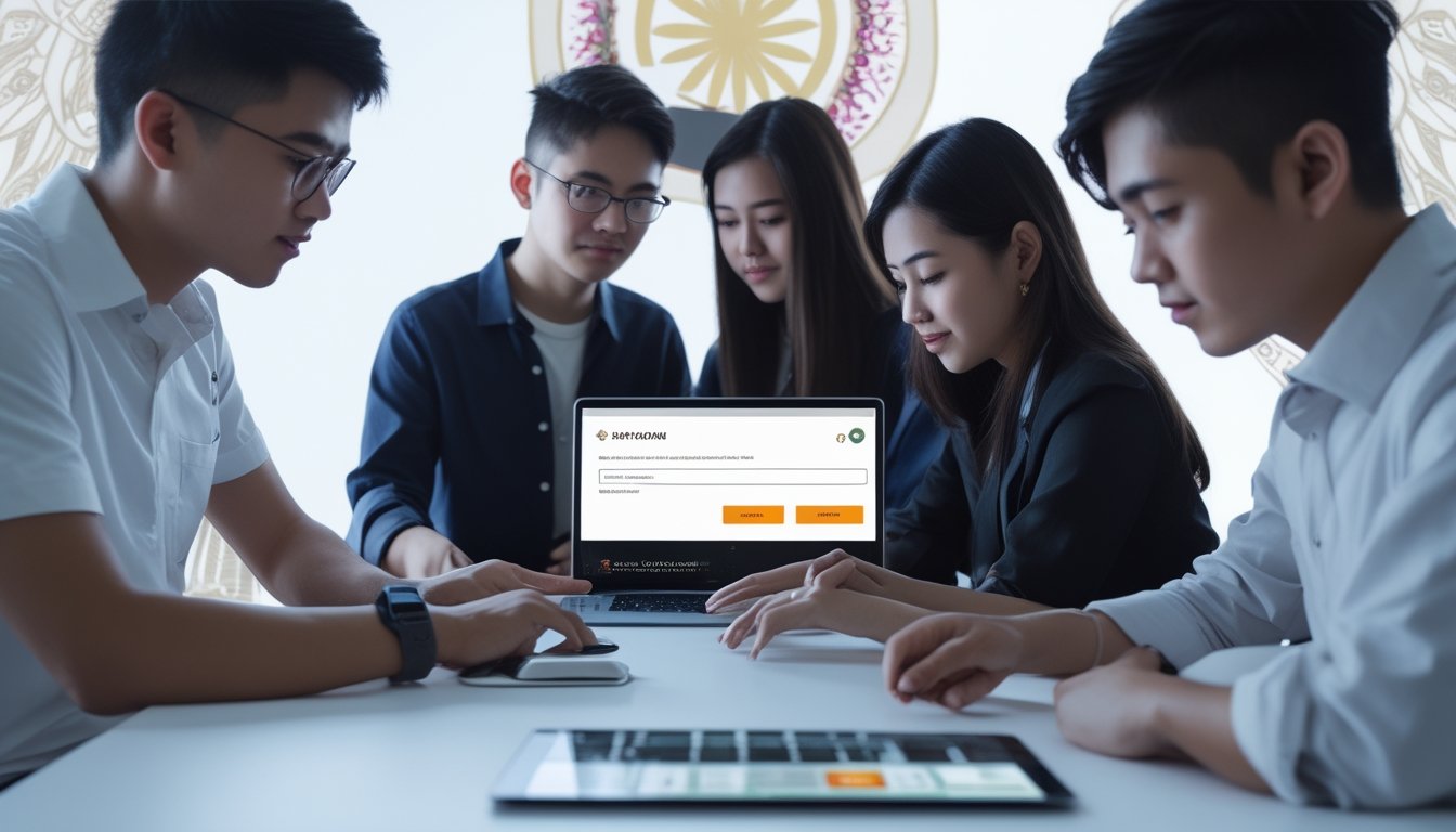 Sekelompok orang muda menggunakan ponsel dan laptop untuk mendaftar dan masuk ke akun resmi secara online di Indonesia.