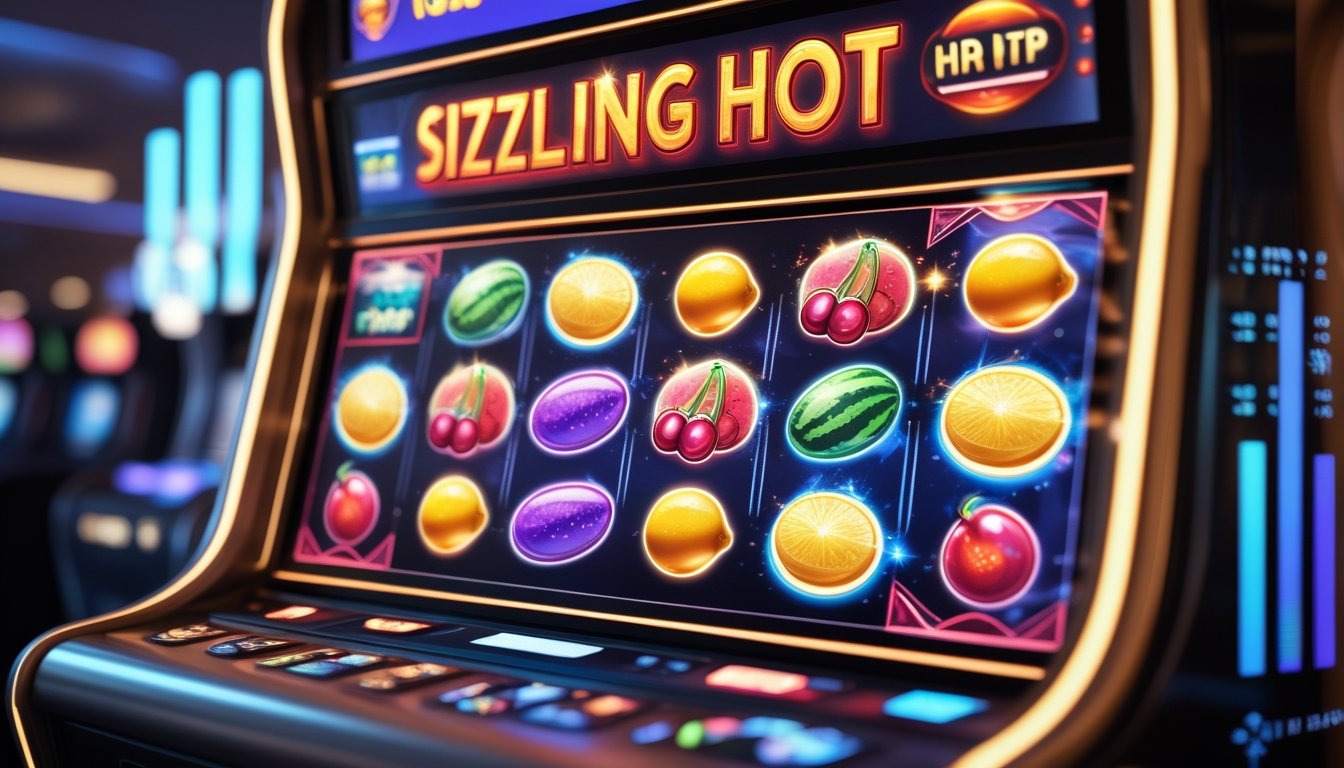 Mesin slot digital dengan tema buah-buahan berwarna cerah dan efek cahaya di lingkungan kasino modern.