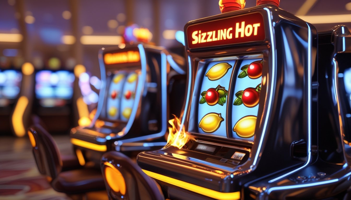 Mesin slot modern dengan simbol buah berwarna cerah di dalam kasino mewah dengan pencahayaan hangat dan elemen api kecil di sekitarnya.