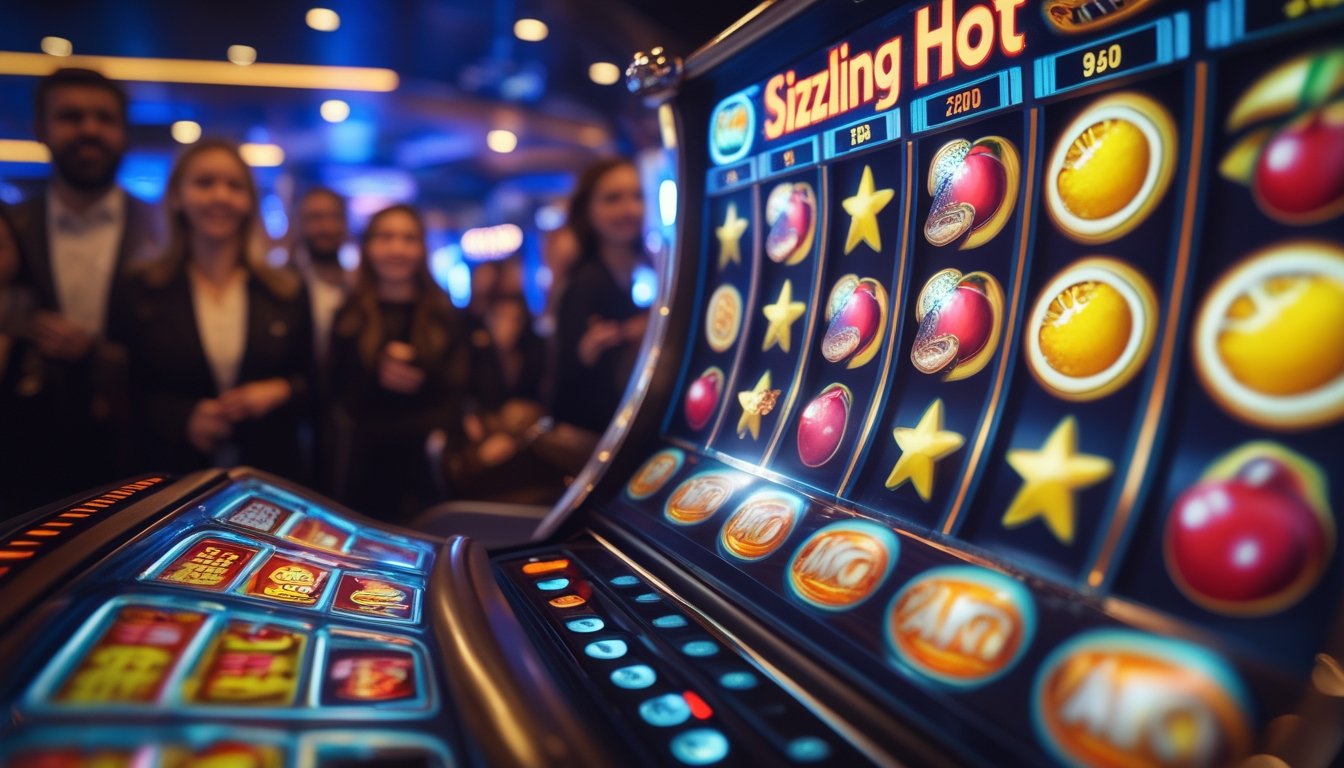 Mesin slot Sizzling Hot dengan gulungan buah berwarna cerah di kasino yang ramai dengan beberapa orang yang memperhatikan dan merayakan kemenangan kecil.