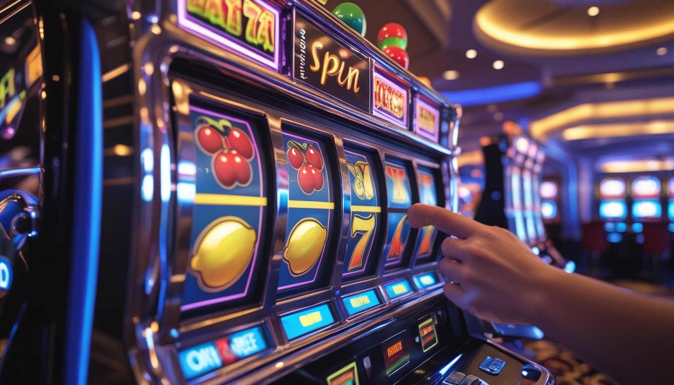 Mesin slot berwarna cerah dengan simbol buah dan suasana kasino modern di latar belakang.