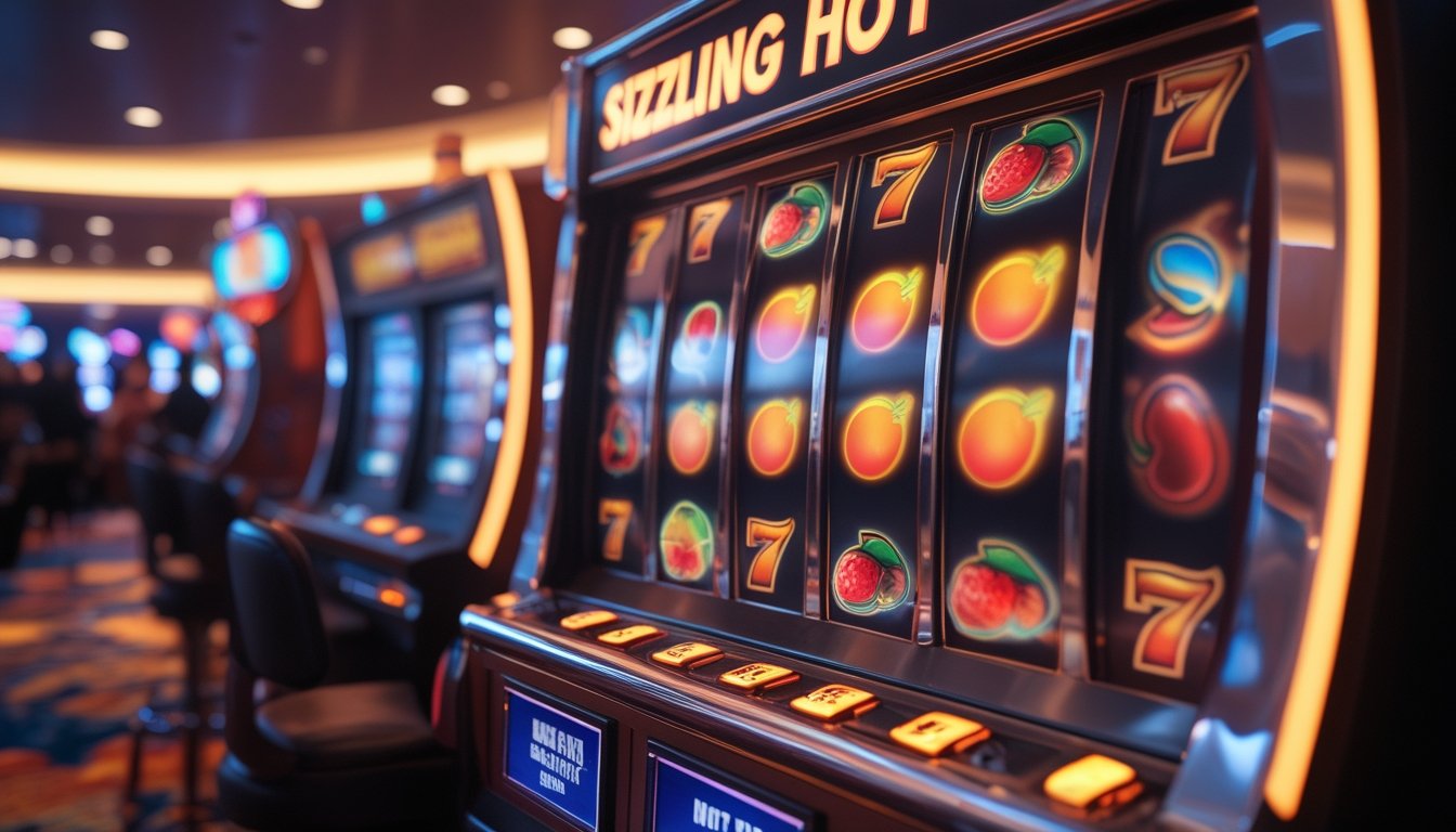 Mesin slot berwarna cerah dengan simbol buah yang berputar di dalam kasino yang ramai.