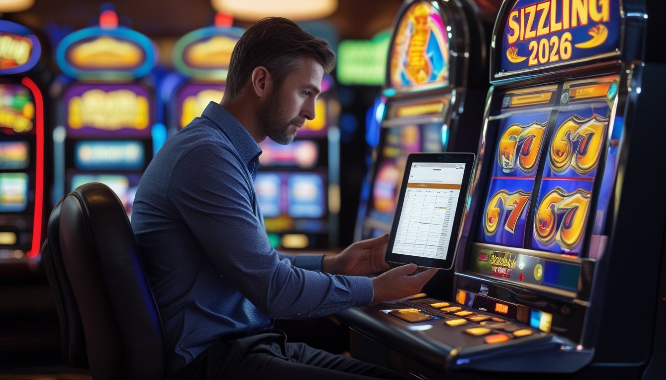 Seorang pria fokus bermain mesin slot di kasino dengan latar belakang mesin slot menyala dan suasana kasino modern.