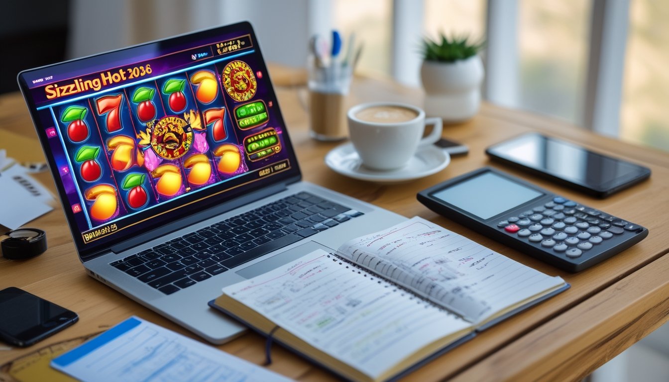 Meja kerja dengan laptop menampilkan permainan slot online, buku catatan keuangan, kalkulator, dan ponsel di atas permukaan kayu.