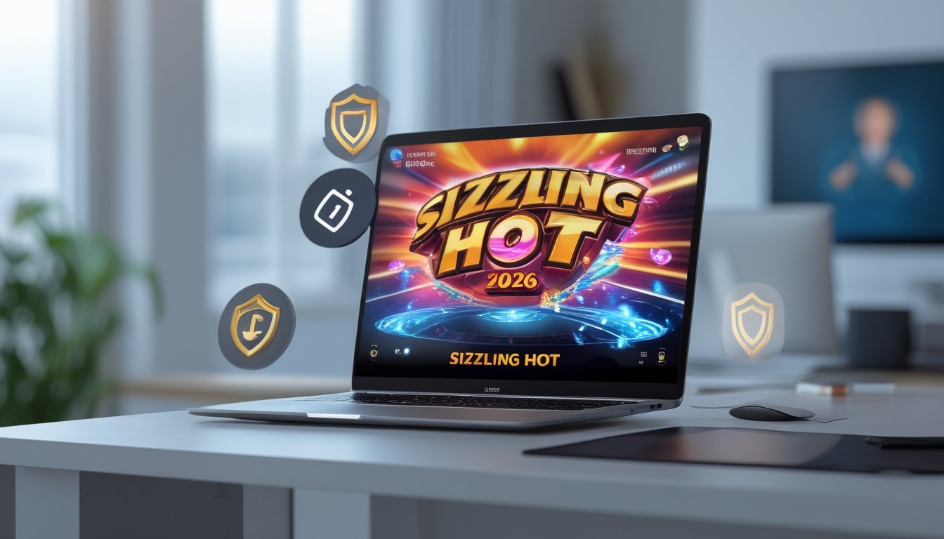 Seorang pengguna duduk di depan laptop yang menampilkan permainan slot online dengan suasana ruangan yang tenang dan profesional.