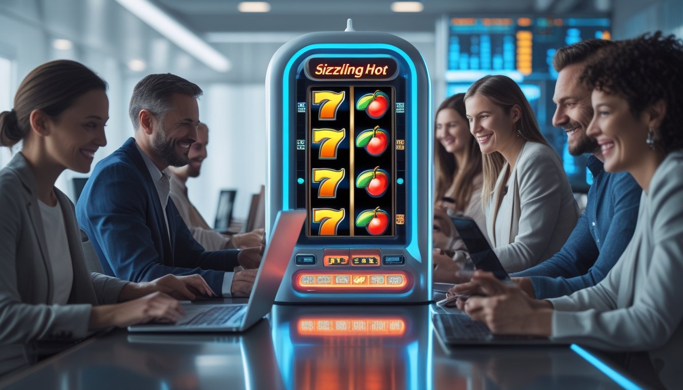 Orang-orang menggunakan laptop dan ponsel untuk bermain slot online dengan tampilan mesin slot digital yang berwarna-warni di latar belakang.