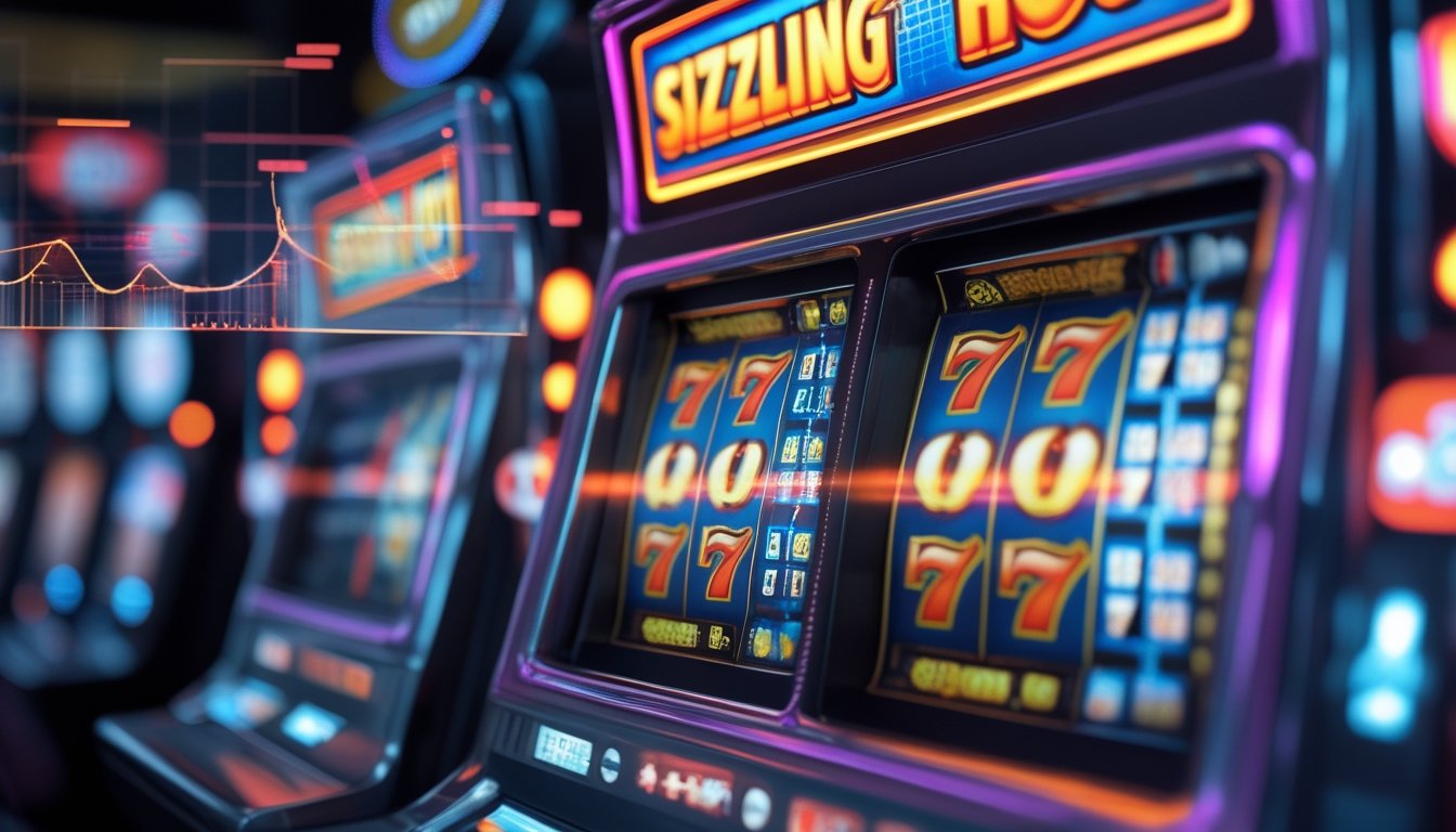 Pemandangan mesin slot dengan simbol berwarna cerah dan garis paylines yang menyala, dengan grafik dan diagram transparan di latar belakang.