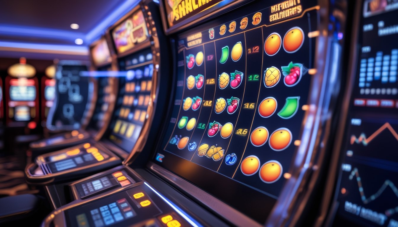 Gambar close-up mesin slot dengan simbol buah berwarna-warni dan grafik volatilitas di latar belakang dalam suasana kasino.
