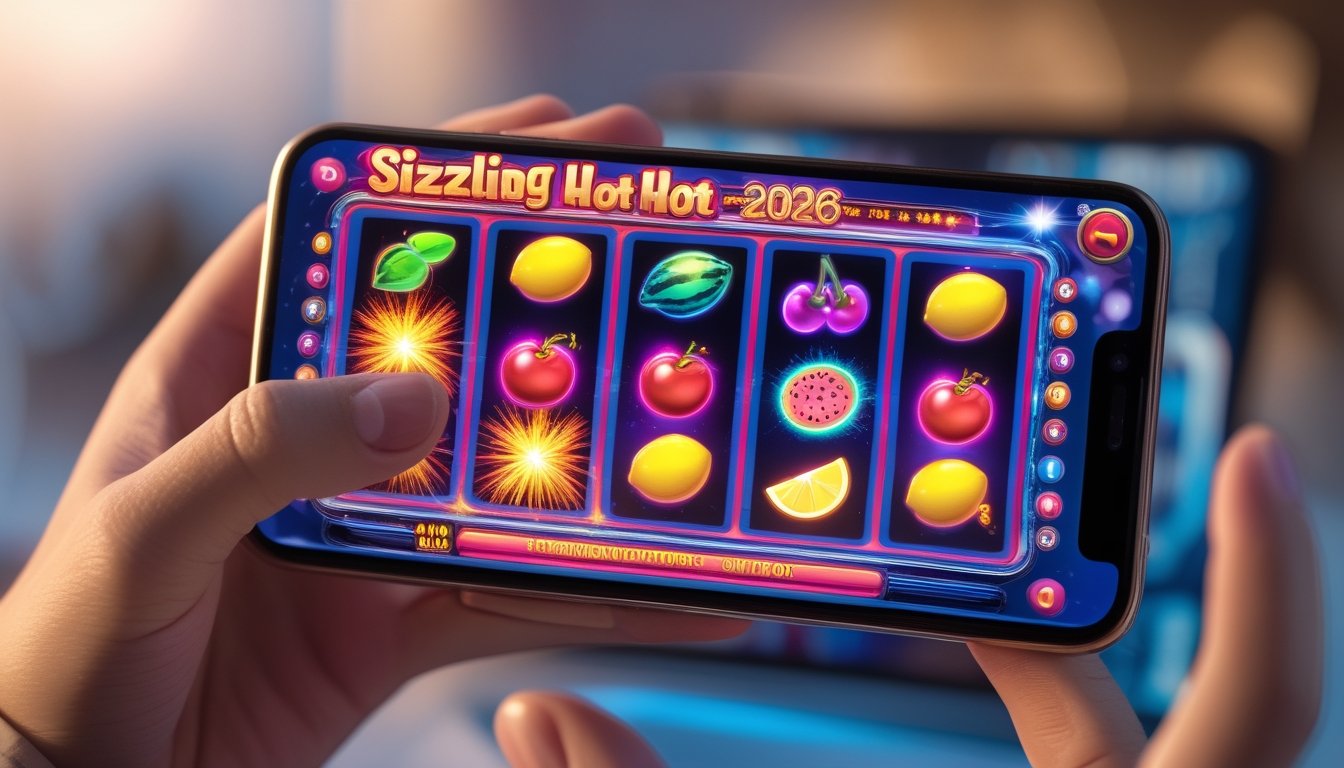 Seseorang memegang smartphone yang menampilkan permainan mesin slot klasik dengan simbol buah berwarna cerah di layar.