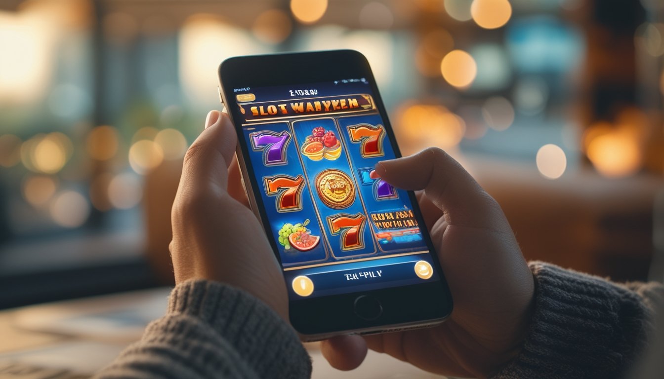 Seseorang memegang smartphone yang menampilkan permainan slot dengan simbol warna-warni di layar.