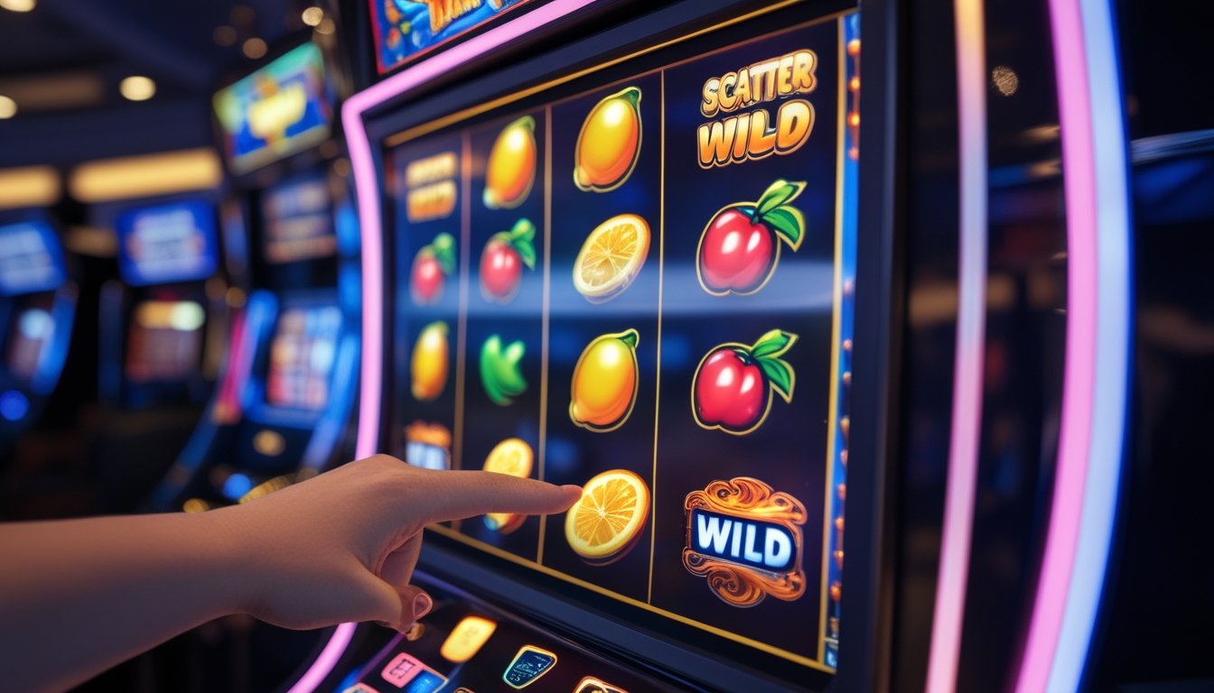 Layar mesin slot dengan simbol Scatter dan Wild yang berwarna-warni, tangan seseorang siap menekan tombol putar di kasino.