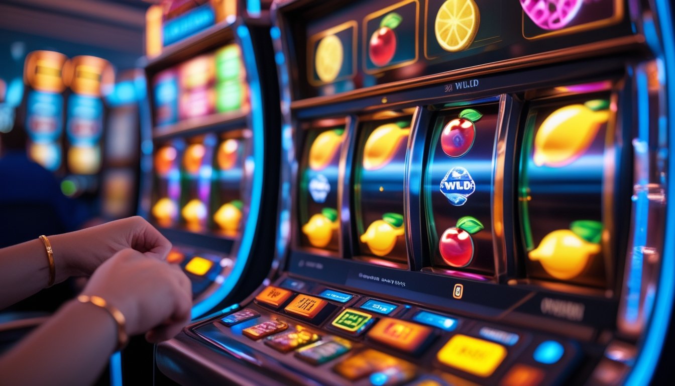 Mesin slot berwarna cerah dengan simbol Scatter dan Wild yang menonjol, di latar belakang suasana kasino modern.