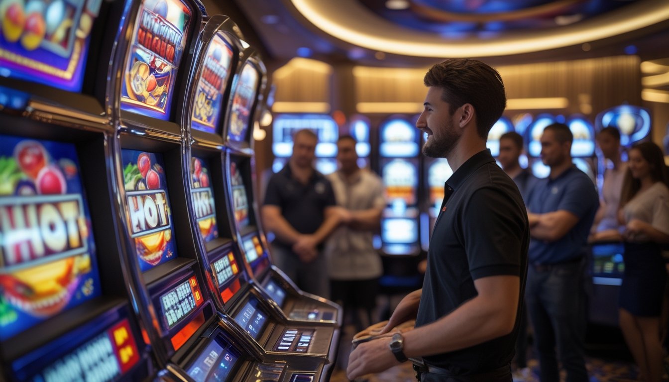 Seorang instruktur mengajarkan sekelompok pemula cara bermain mesin slot Sizzling Hot di kasino yang terang dan ramai.