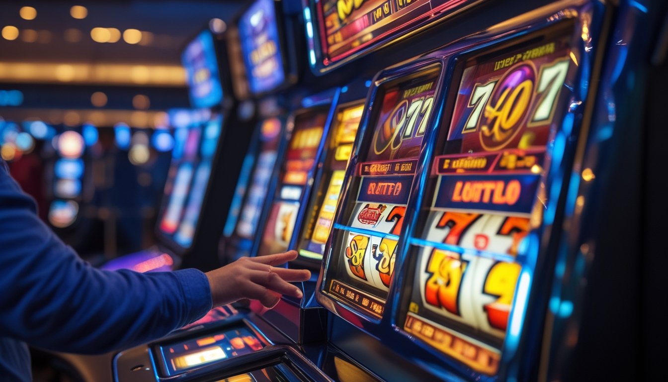 Tangan seseorang sedang memainkan mesin slot di kasino dengan layar berwarna cerah dan suasana kasino yang modern.