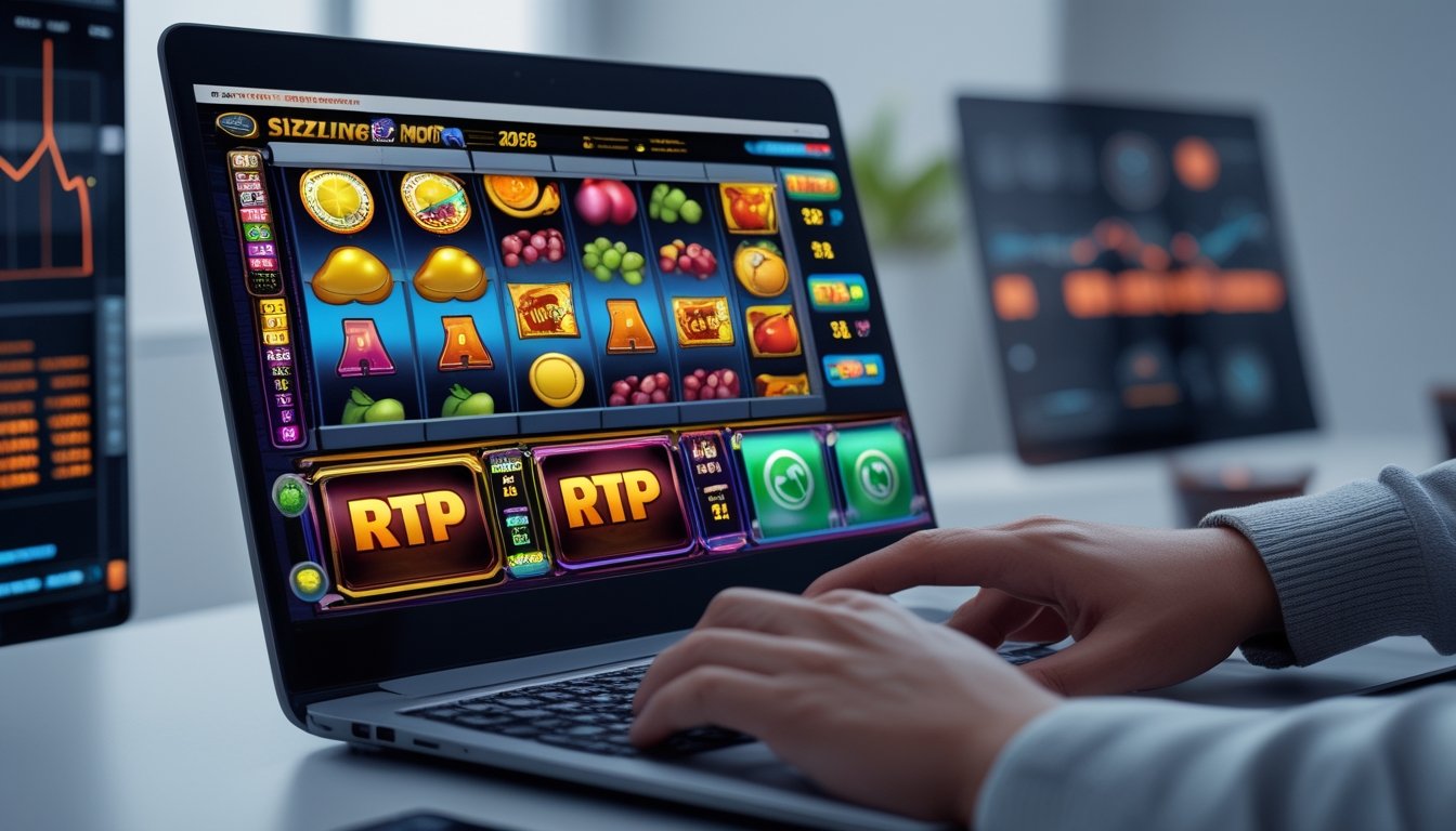 Seorang pengguna sedang memeriksa permainan slot online di komputer dengan tampilan simbol buah yang berwarna-warni dan grafik data di latar belakang.
