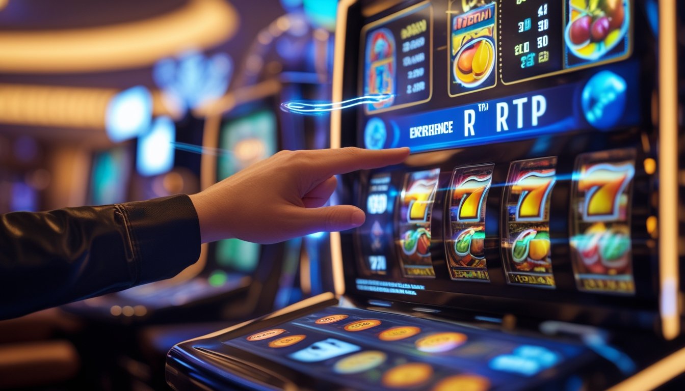 Seorang pemain sedang menekan tombol mesin slot berwarna cerah di kasino dengan latar belakang interior kasino yang mewah dan pencahayaan hangat.