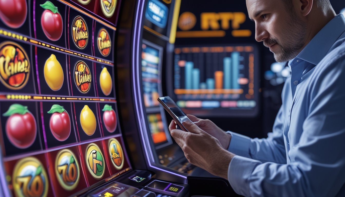 Seorang pemain dewasa sedang menggunakan tablet di depan mesin slot digital dengan simbol buah berwarna-warni di kasino modern.