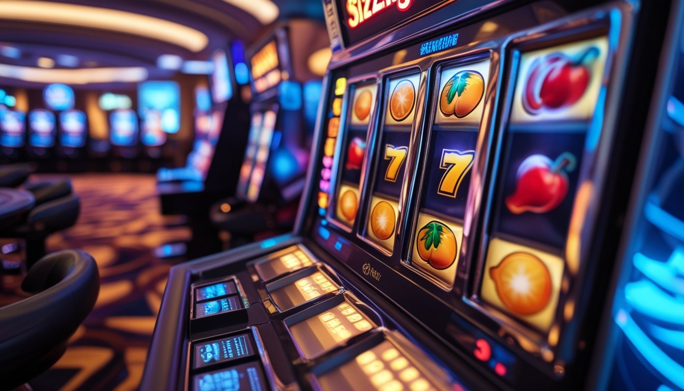 Mesin slot modern dengan simbol buah berwarna cerah di dalam kasino yang ramai.