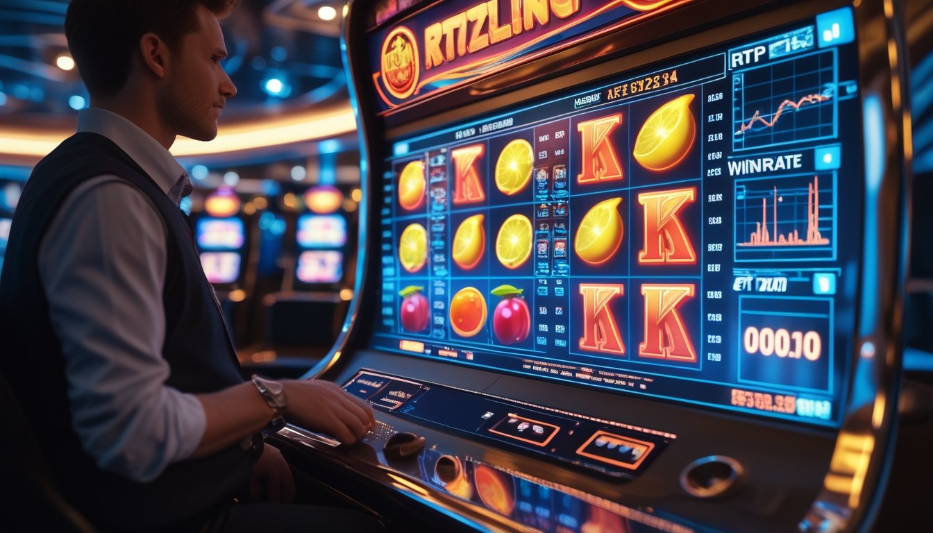 Seorang pemain di kasino modern sedang melihat grafik dan statistik di layar transparan dengan mesin slot Sizzling Hot yang menampilkan simbol buah berwarna cerah di latar belakang.