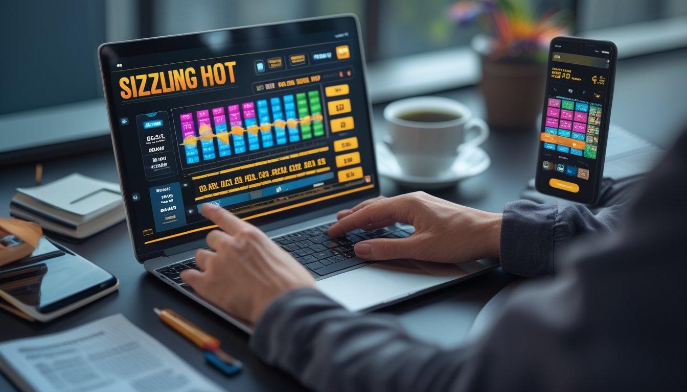 Seseorang sedang menganalisis grafik dan statistik permainan slot di meja kerja dengan laptop dan catatan.