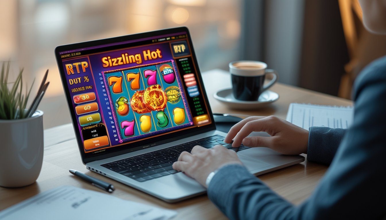 Meja kerja dengan laptop yang menampilkan permainan slot Sizzling Hot dan grafik RTP, dikelilingi catatan dan cangkir kopi.