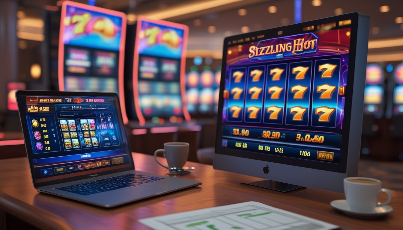Seorang dewasa muda duduk di meja dengan laptop yang menampilkan permainan slot, dikelilingi suasana kasino dengan pencahayaan hangat dan beberapa mesin slot di latar belakang.
